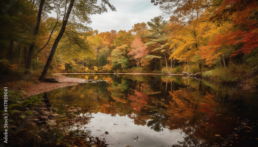 Tranquil autumn forest reflects vibrant multi colored beauty in nature generated by AI
