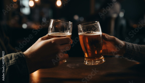 Men and women holding beer glasses in a celebratory toast generated by AI