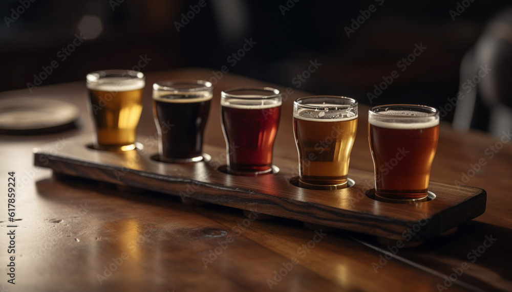 Frothy beer glass on wood table in craft brewery pub generated by AI Frothy beer glass on wood table in craft brewery pub generated by AI