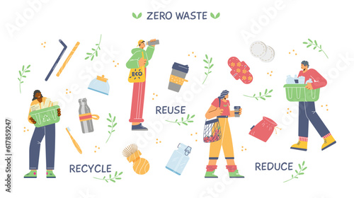 Set of people zero waste lifestyle flat style, vector illustration