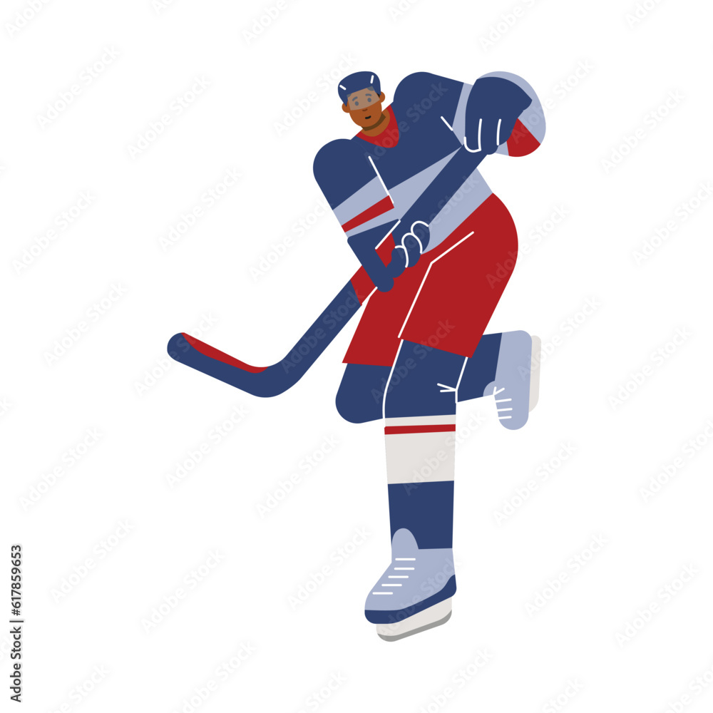 Obraz premium Running hockey player with stick flat style, vector illustration