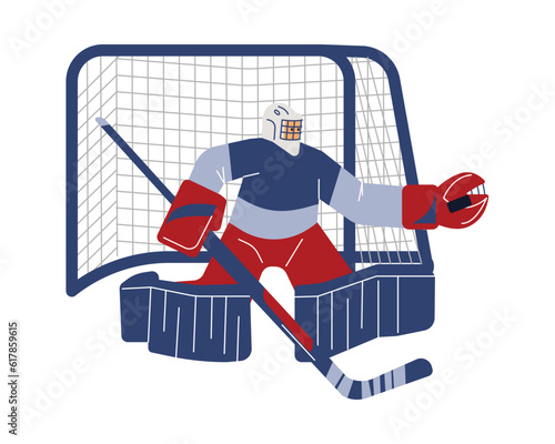 Goalkeeper hockey player in protective helmet flat style