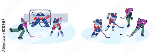 Set of scenes with people playing hockey flat style, vector illustration