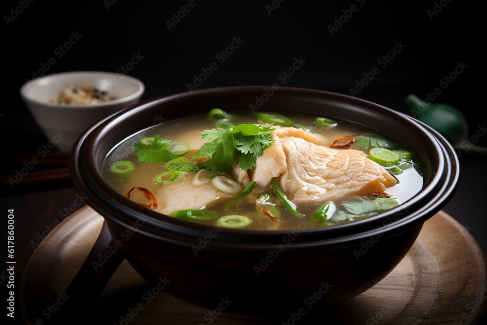 A steaming bowl of fragrant fish soup, garnished with a few slices of fresh ginger and a handful of chopped scallions generative AI technology