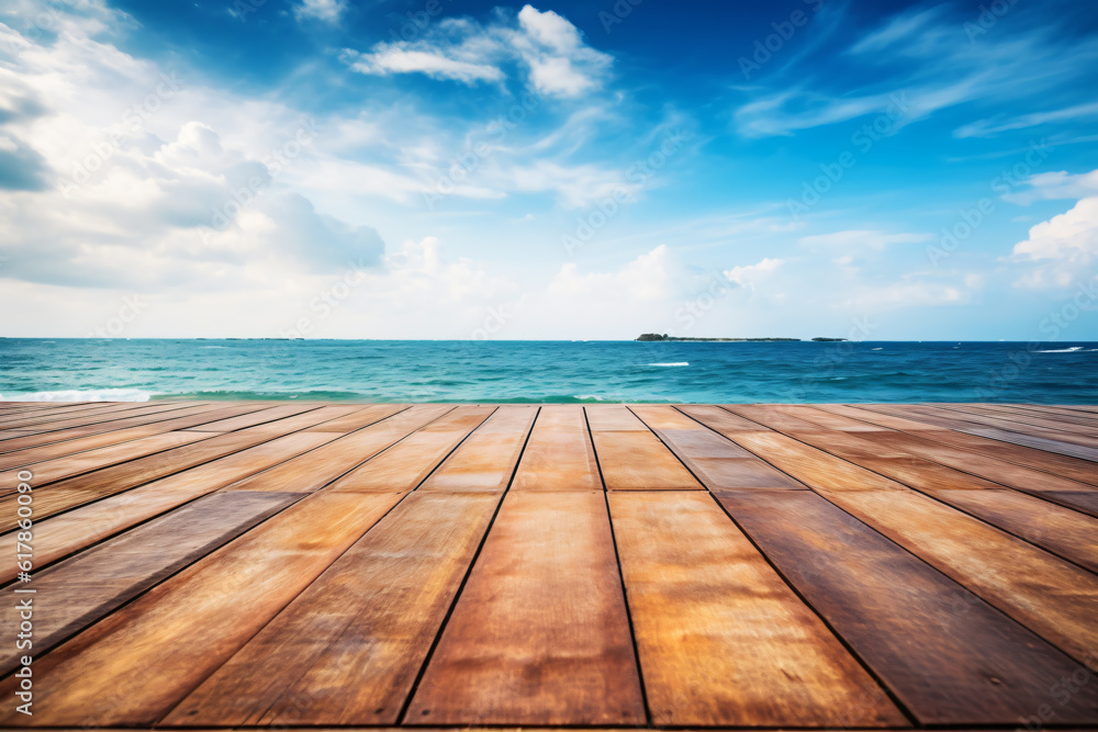 Wooden board empty table in front of blue sea & sky background. perspective wood floor over sea and sky photography Wooden board empty table in front of blue sea & sky background. perspective wood floor over sea and sky photography