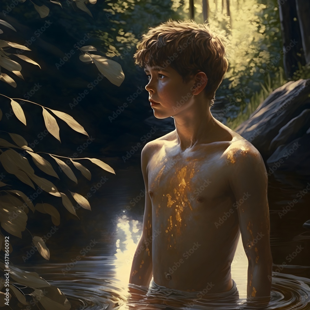 Adolescent Boy Loincloth Washing In A Creek Forest Detailed Hd 4k