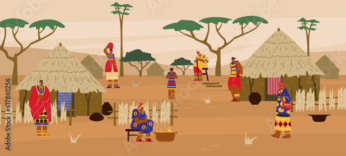African tribal ethnic village with huts and people flat vector illustration.