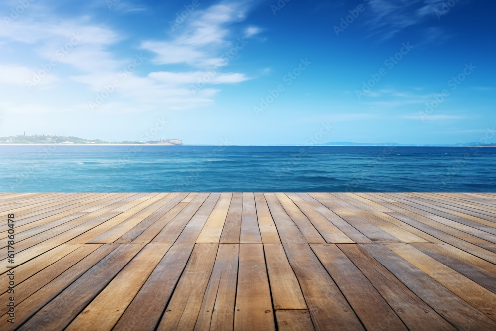 Wooden board empty table in front of blue sea & sky background. perspective wood floor over sea and sky photography