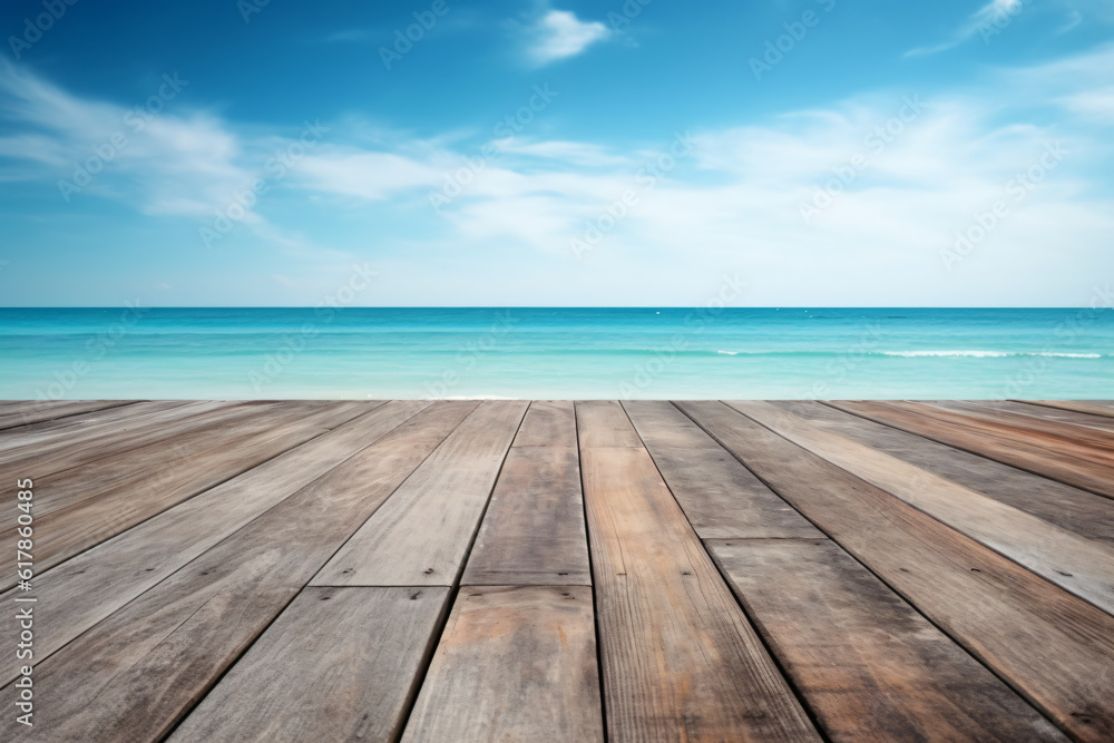 Wooden board empty table in front of blue sea & sky background. perspective wood floor over sea and sky photography