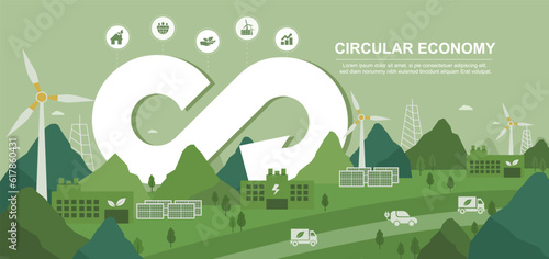 Green energy vector illustration Sustainable industry with wind turbines and solar panels, circular economy concept