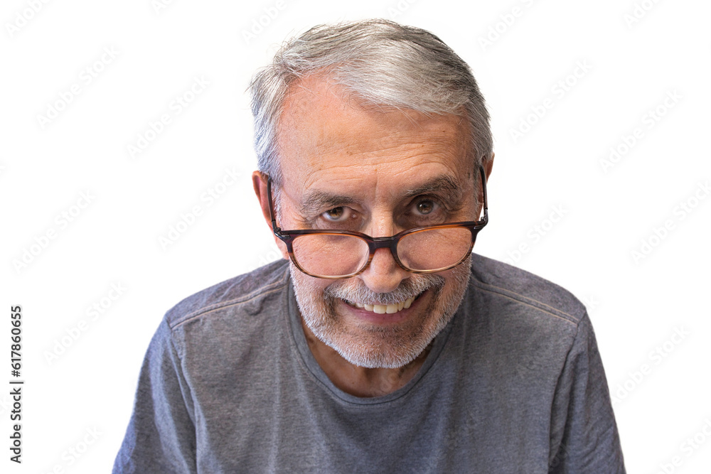 Close-up portrait of an unshaven old man in glasses, looking into the lens, isolated, on a white background. Close-up portrait of an unshaven old man in glasses, looking into the lens, isolated, on a white background.