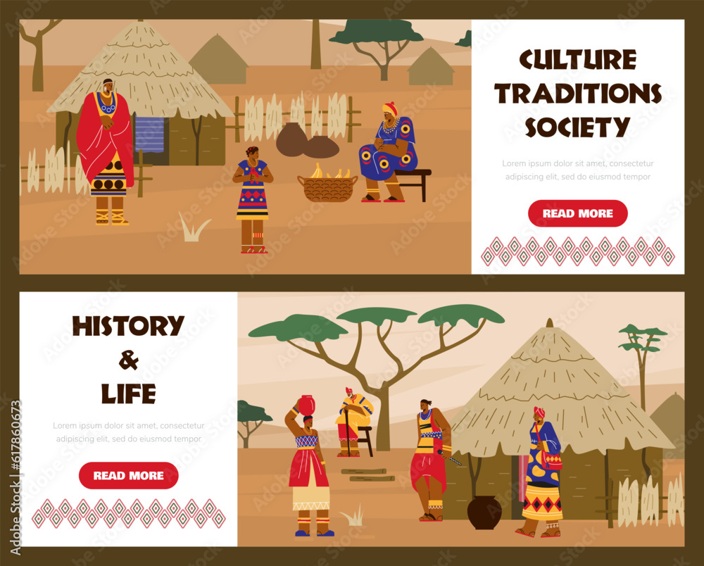 Set of website banner templates with African tribal people flat style