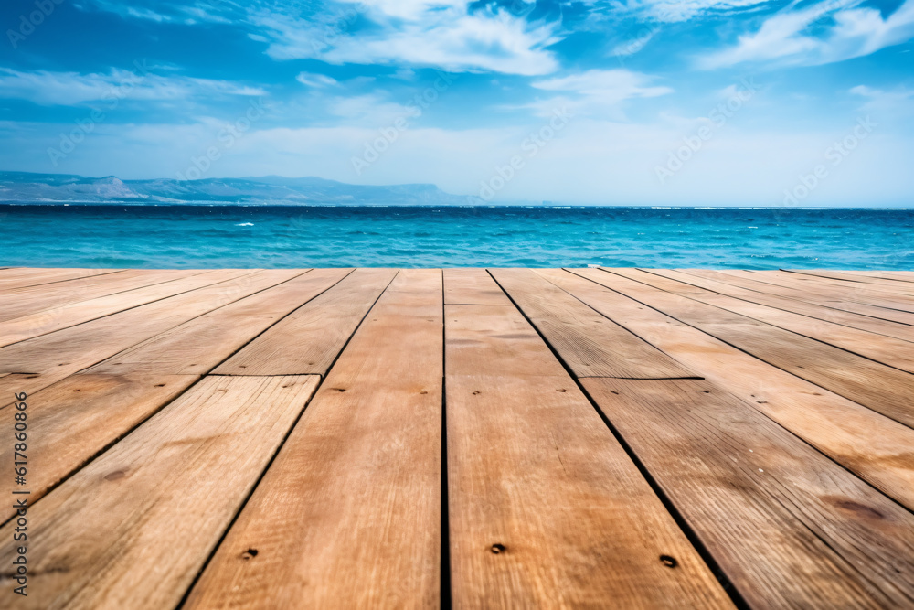 Wooden board empty table in front of blue sea & sky background. perspective wood floor over sea and sky photography Wooden board empty table in front of blue sea & sky background. perspective wood floor over sea and sky photography