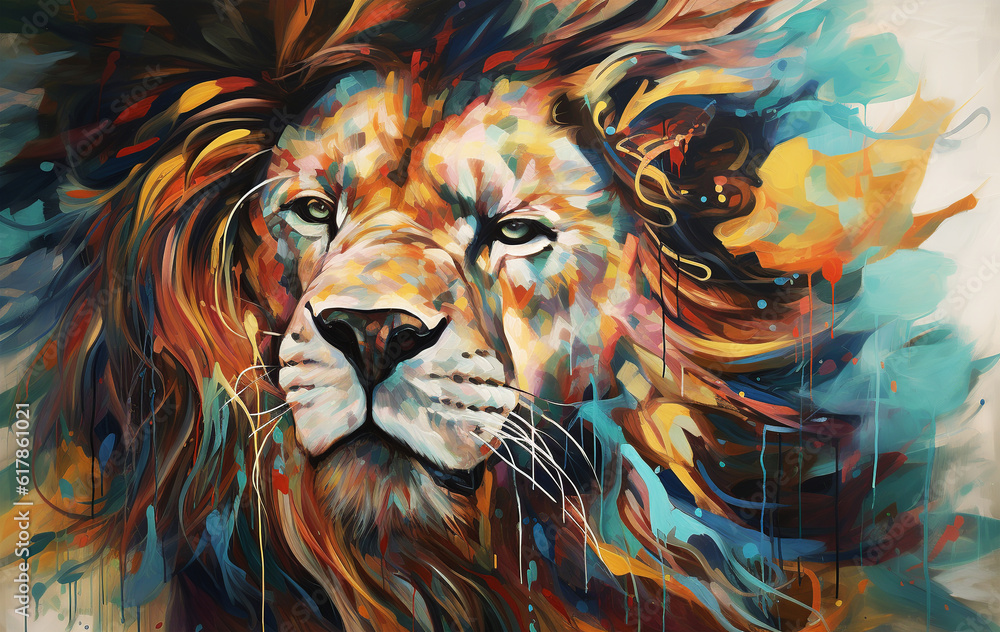 Portrait of a Lion in painting style and dreamlike colors. Generative AI.