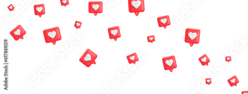 3d render red like icon wave. Comment button. Social media bubble with heart. Love element. Share tag. Notice people. Chat speech communicate. Notification label. Emoji reaction. Vector illustration