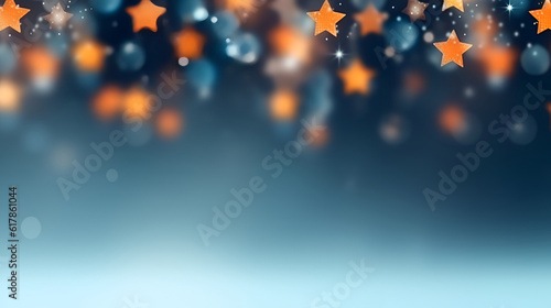 Festive abstract christmas background in blue orange gradient with soft bokeh lights and sharp stars, creating banner with warm, celebratory atmosphere of holiday or party, joyful celebration backdrop
