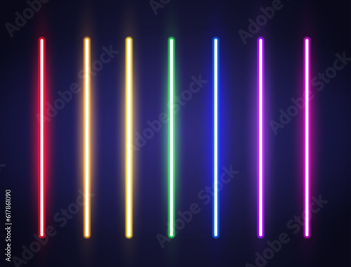 Neon lines set. Rainbow borders. Realistic led neon tube. Color laser beam. Bright design for party, game, web. Shining night signboard. Vertical lamp sign. Retro neon wall. Vector illustration