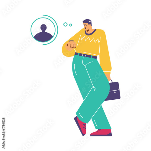 Gloomy man looking impatiently at his watch and waiting for someone, Vector illustration isolated on white background