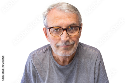 Close-up portrait of an unshaven old man in glasses, looking into the lens, isolated, on a white background.