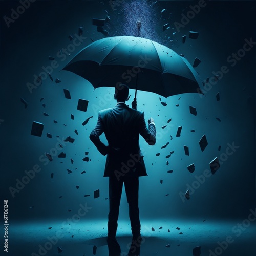 Market turbulence and financial crisis security concept as volatile stock market with price volatility as a businessman holding an umbrella as a business symbol for wealth management photo