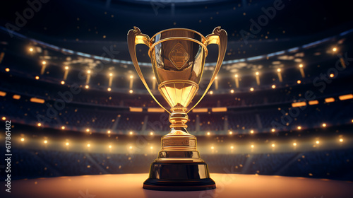 golden cup of the winner on the background of the stadium. ai generative