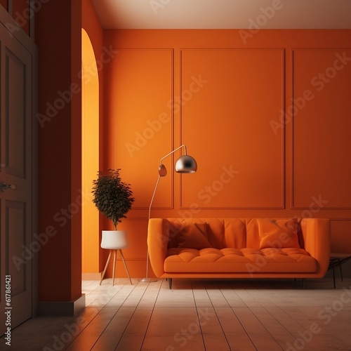 modern living room, living room interior, orange, couch, sofa, bord and batten, panelling, lighting, AI generated image, AI Art, AI, Art