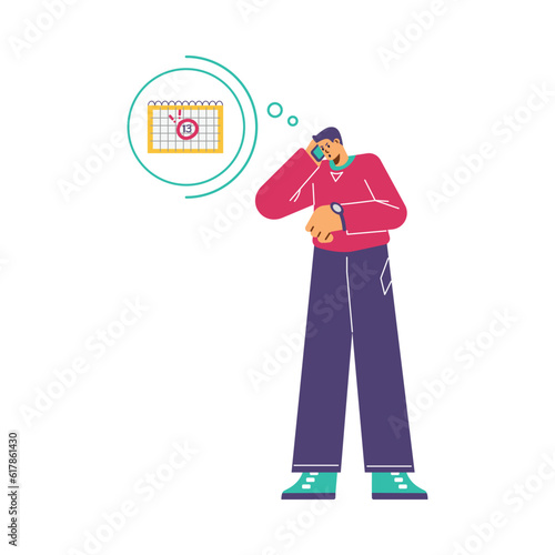 Vector doodle illustration of man upset from missed deadlines, Person calls on smartphone and reminds of the date