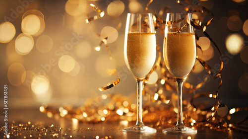 Two glasses of champagne with confetti, glitter, serpentine and lights. Night celebration concept. ai generative photo