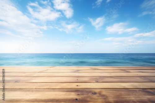 Wooden board empty table in front of blue sea & sky background. perspective wood floor over sea and sky photography