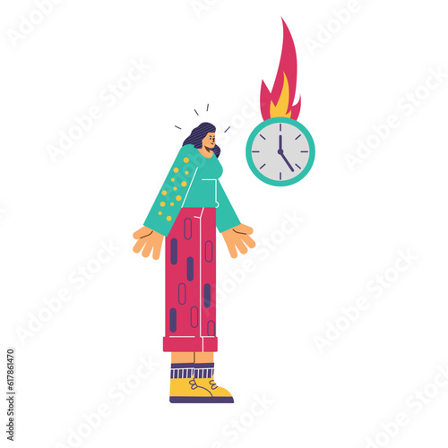 Vector doodle isolated illustration of woman is upset, waiting for a long time, abstract clock on fire, very urgent