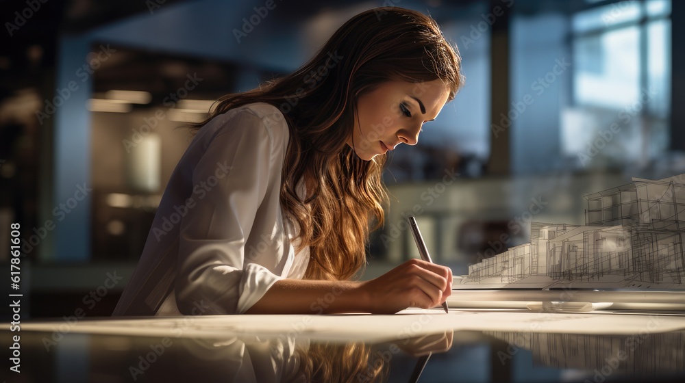 Woman Drawing Architectural Drawing