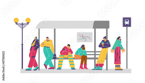 Frustrated people waiting for public transport on bus stop, flat vector illustration isolated on white background.