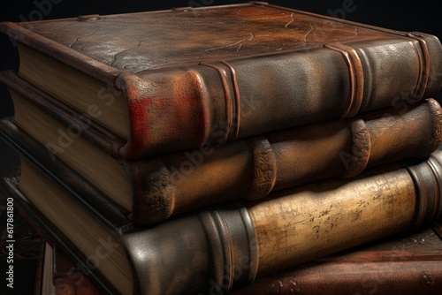 A close-up of a stack of vintage books with worn leather covers, Generative AI