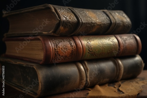 A close-up of a stack of vintage books with worn leather covers, Generative AI