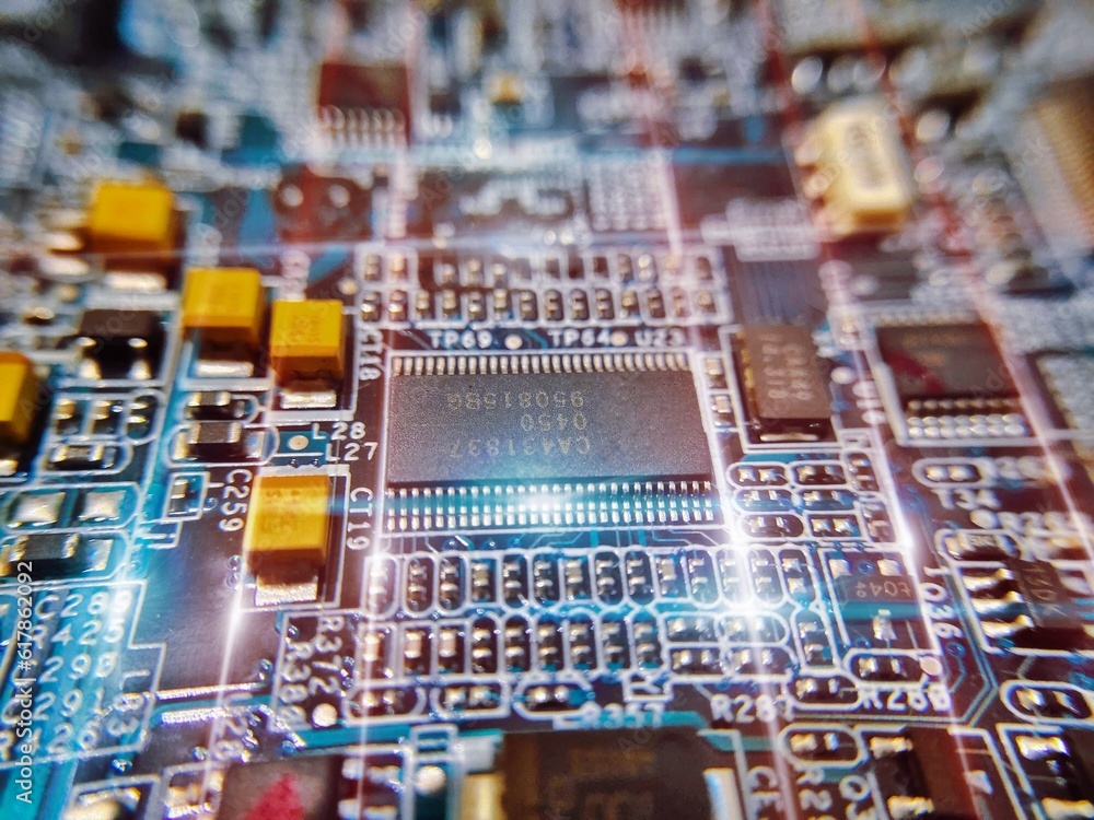 Obraz premium The macro photography of printed circuit board PCB. High technology theme wallpaper