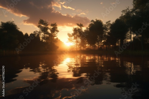 A still lake at sunset with the reflection of the sky and trees, Generative AI