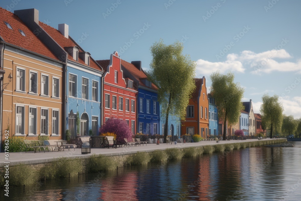 A row of colorful houses along a canal in a quaint European town, Generative AI