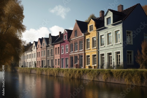 A row of colorful houses along a canal in a quaint European town, Generative AI