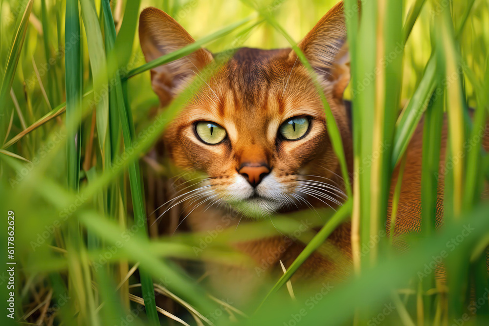 Abyssinian Cat Lies In The Beautiful Grass. Generative AI