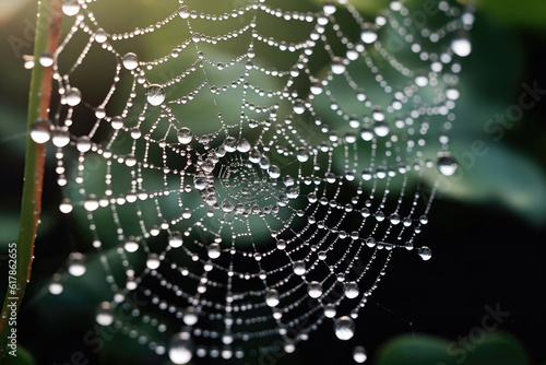 Closeup Of Fragile Spiders Web, Glistenipng With Dew. Generative AI