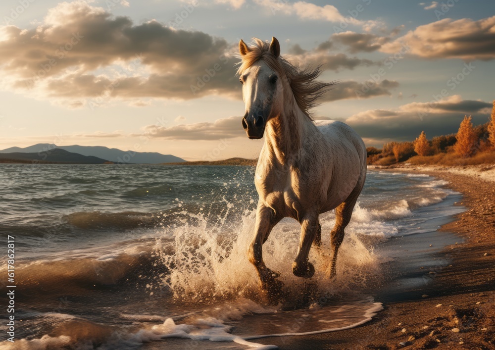 runing horse on the beach, AI generative runing horse on the beach, AI generative
