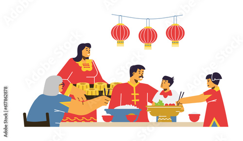 Happy Chinese family celebrating mid autumn festival, flat vector illustration isolated on white background.