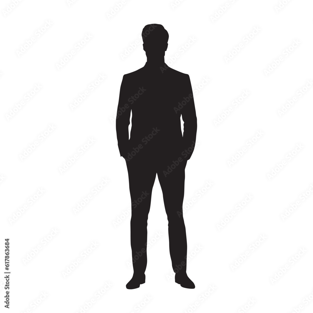 Young adult businessman standing with hands in pockets, front view, isolated vector silhouette