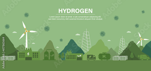 Green energy vector illustration Sustainable industry with wind turbines and solar panels Hydrogen gas concept