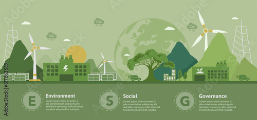 Sustainable vector illustration.ESG green energy. Sustainable industry with wind turbines and solar panels environmental, social and governance concepts