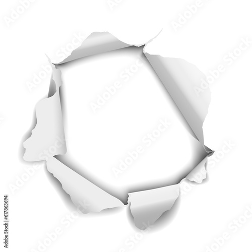 Realistic hole torn in white paper with curled rolled edges on transparent background photo