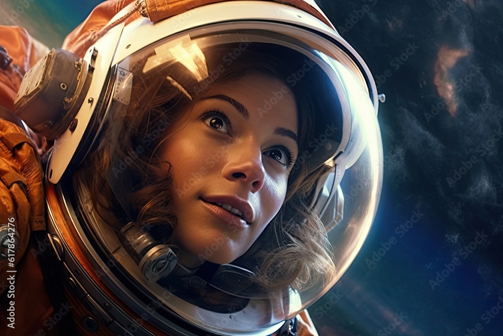 Young pretty woman astronaut exploring outer space Young pretty woman astronaut exploring outer space