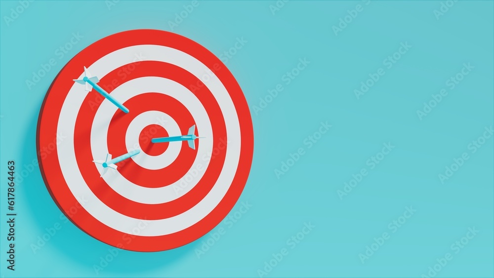 3d illustration of target shooting board with arrows, blue stage, goal theme 3d illustration of target shooting board with arrows, blue stage, goal theme