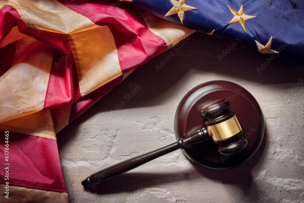 Gavel and American flag justice system, government and constitution background