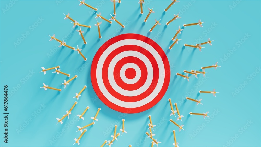 Many arrows out of target shooting board, blue stage, bad decisions